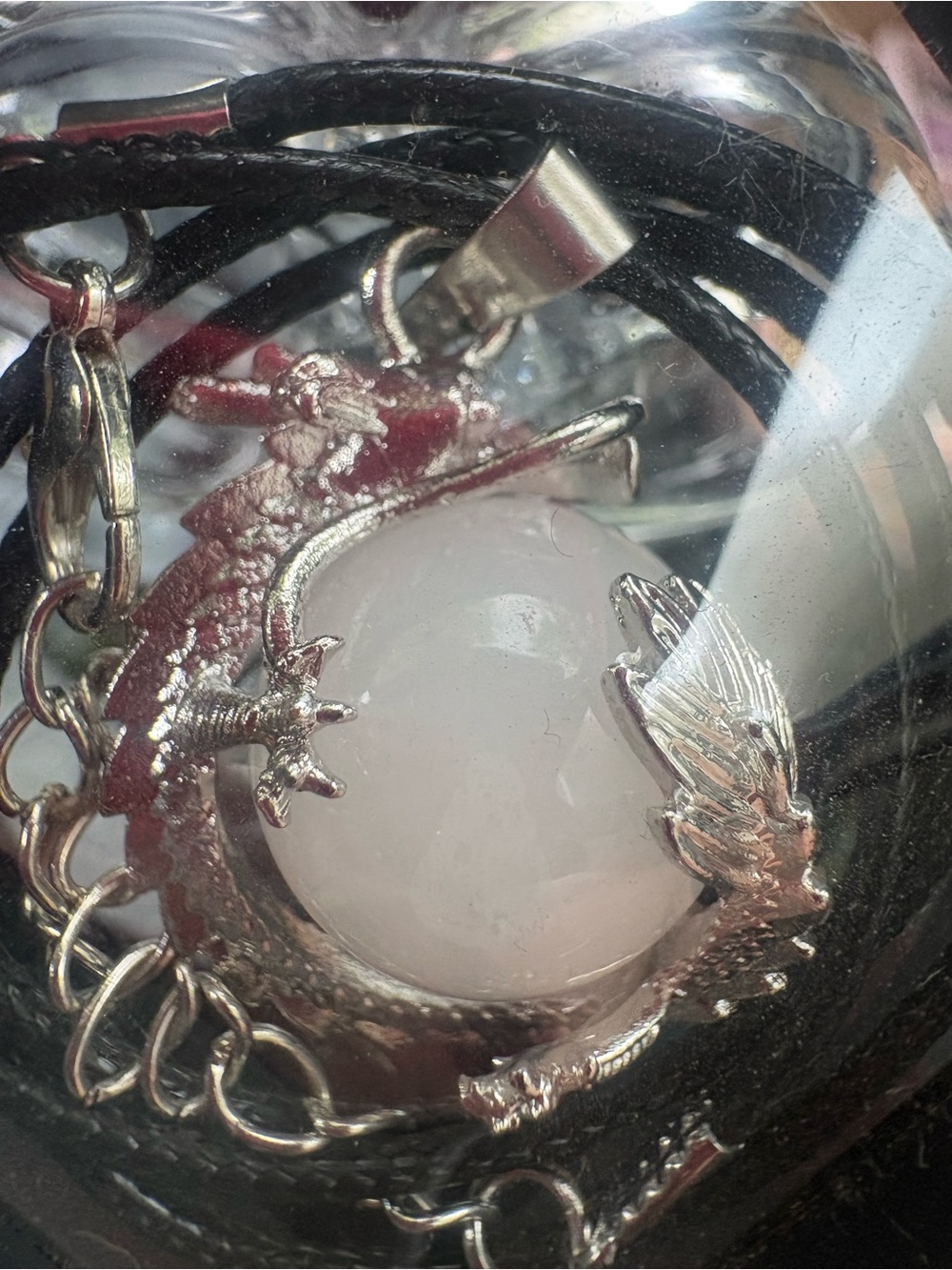 Silver Dragon Pendant Necklace with White Orb gem stone